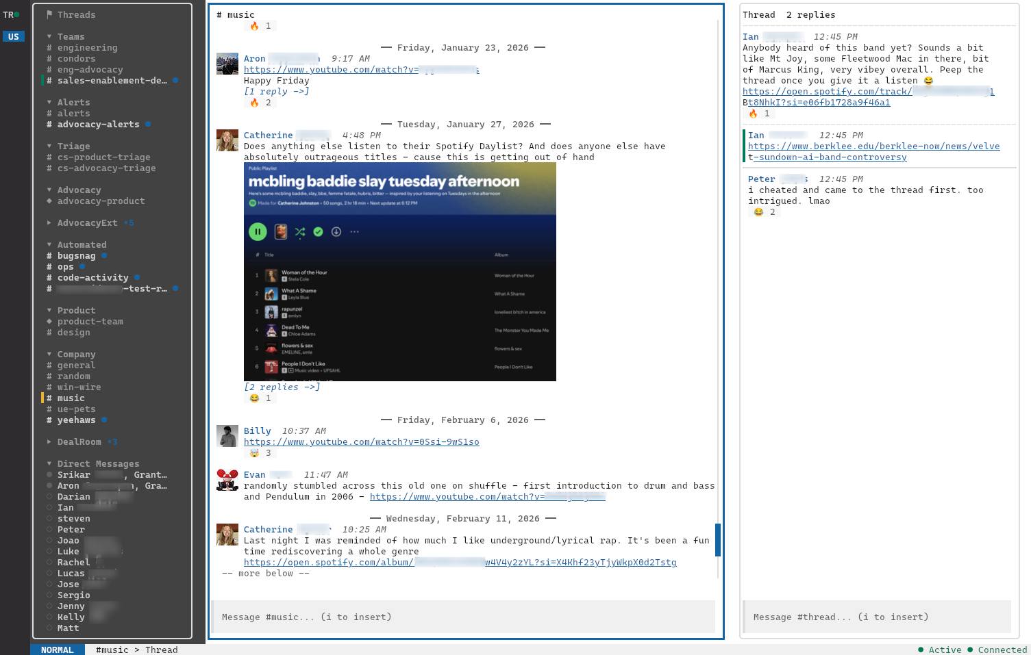 slk running in a terminal: workspace rail, channel sidebar, and message pane